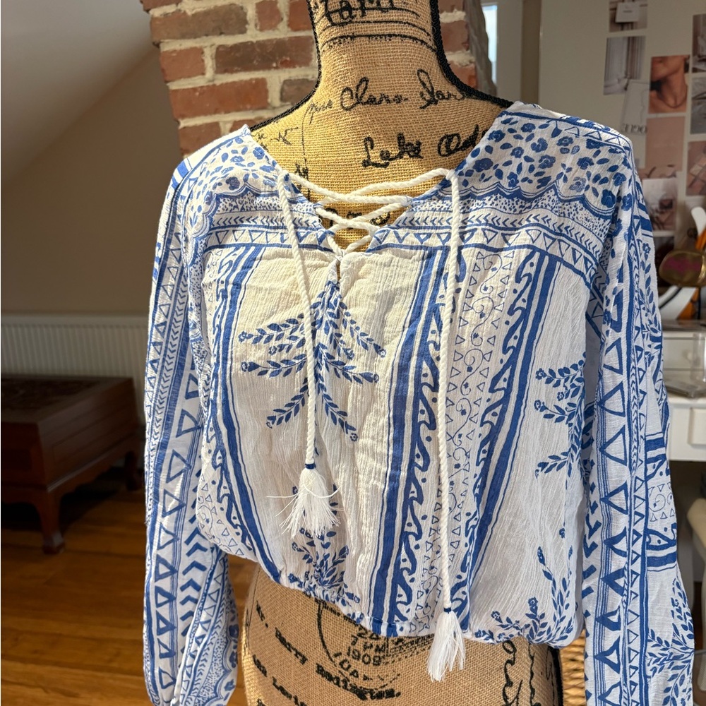 Free People Blue and White Bohemian Blouse